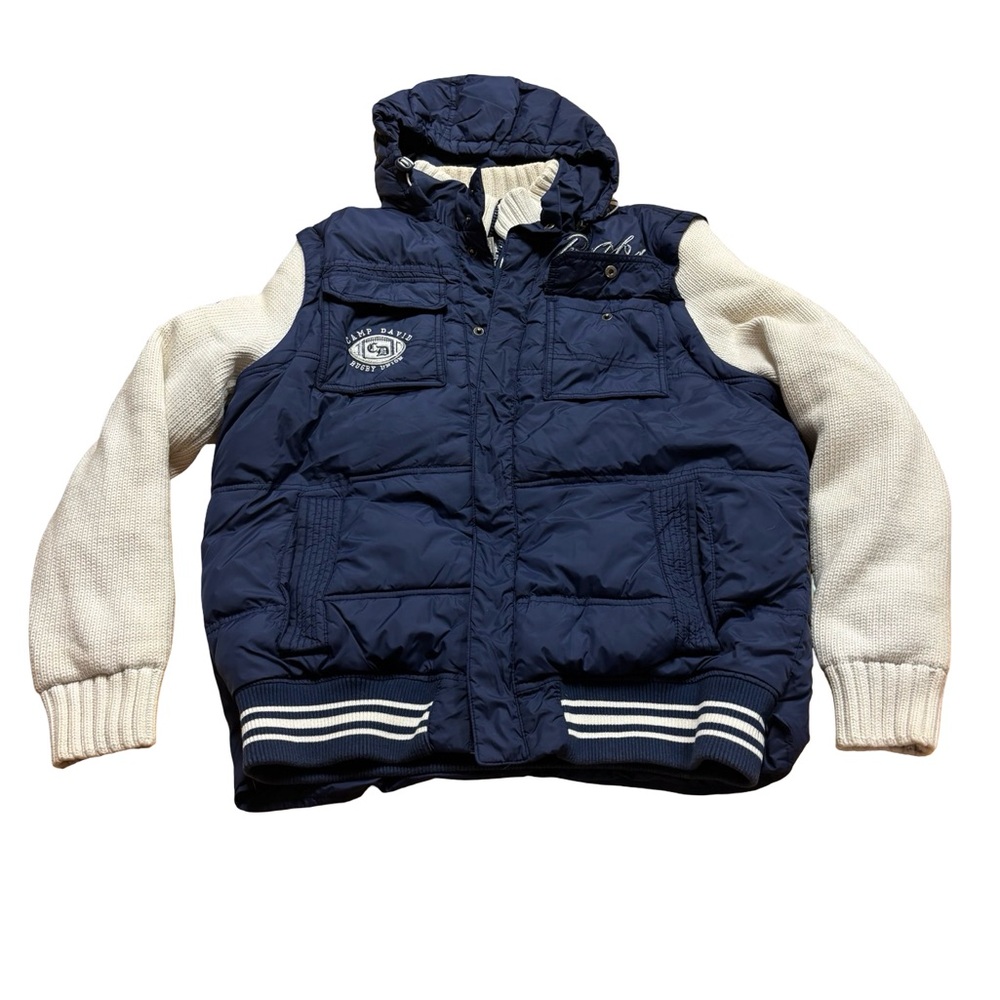 Camp David Navy&White Hooded Puffer Varsity Winter Jacket/ Removable Sleeves XL